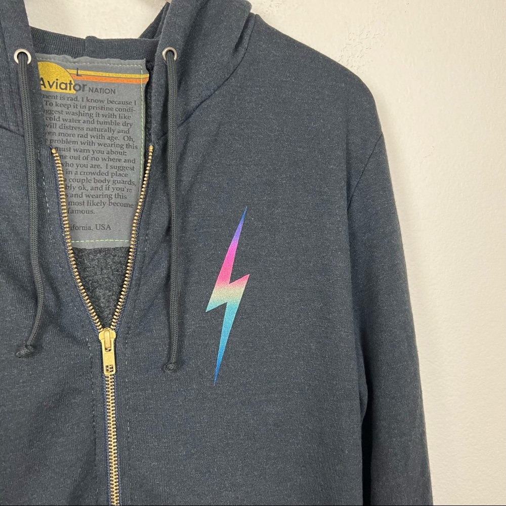 Aviator Nation Black Zip Hoodie with Pink-to-Blue Lightning Bolt - Picture 6 of 8